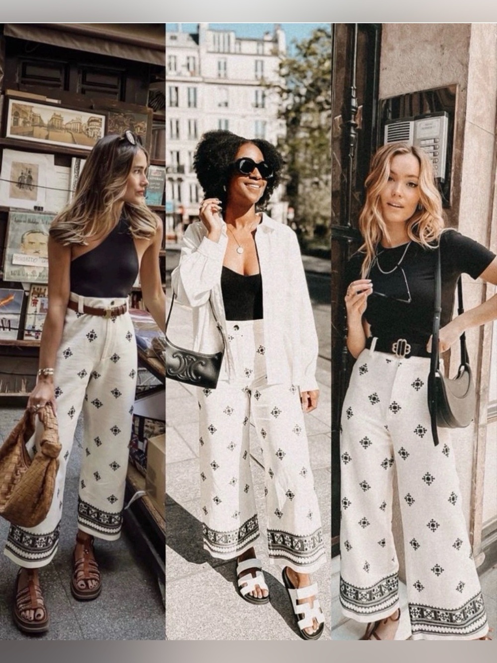Zara Black & White Embroidered Wide-Leg Palazzo Culottes Pants Medium